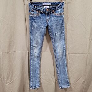 Yaso jeans girls size 7 bleach splatter thick brown stitched blue denim jeans